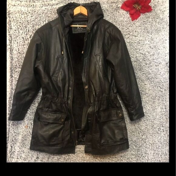 KC Collections Women's Vintage Black Leather Jacket with Hoodie Size S - Picture 7 of 10